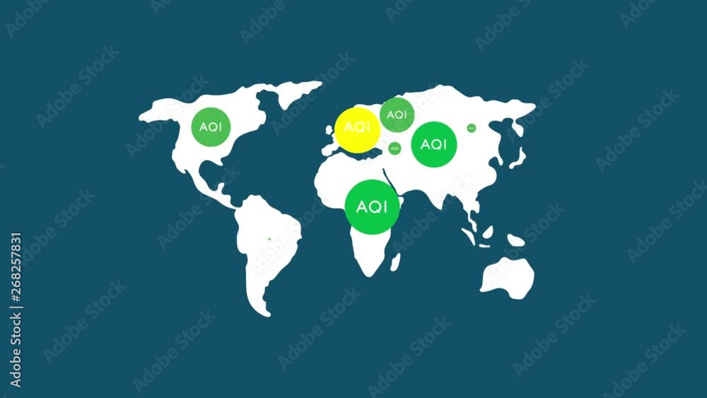 Aufkleber aqi symbol pop up with run number 0 to 300+ on world map, pollution dust pm 2.5 problem concept desi