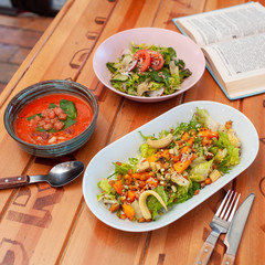Three course vegetarian lunch: salad with quinoa, mini-corn and chickpea, gazpacho and summer veggie salad
