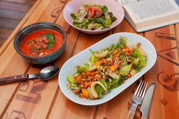 Three course vegetarian lunch: salad with quinoa, mini-corn and chickpea, gazpacho and summer veggie salad