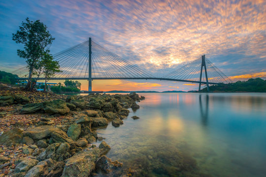 the beauty of the bridge in the morning with an exclusive blend of sky