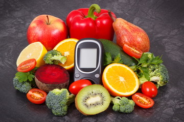 Glucose meter for checking sugar level and fruits with vegetables, nutritious dessert containing minerals and vitamins for diabetic