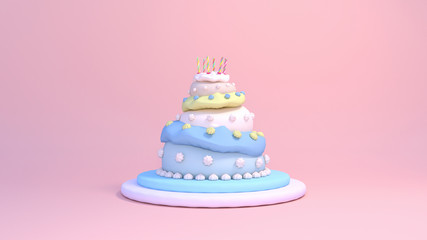 3d rendering three tier birthday cake on pink background. 