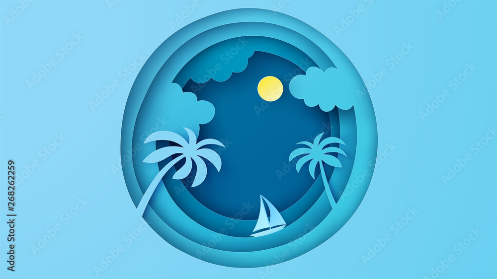 Poster abstract sea view with a floating sailing boat in the sea. sea view in paper layer cut. paper cut an
