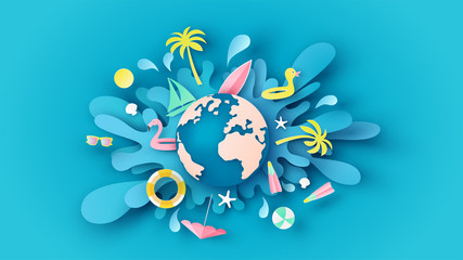 Globe dropped on the blue sea water surface and beach equipment splash around. Graphic design for summer. paper cut and craft style. vector, illustration.