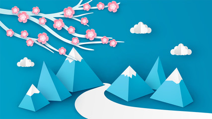 Landscape of Mountain and cherry blossom in the Spring season. Spring scenery design. paper cut and craft style. vector, illustration.