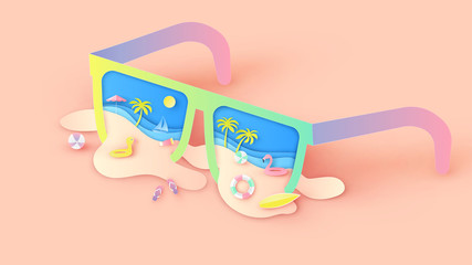 Illustration of creative design sea view inside sunglasses with beach equipment and sand beach splash out. Graphic design for summer. paper cut and craft style. vector,illustration.