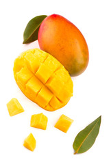 Mango fruit with mango cues and slices. Isolated on a white