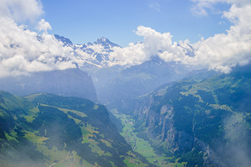 Alpine peaks landskape. Lauterbrunnen, Jungfrau, Bernese highland. Alps, tourism, journey, hiking concept.