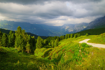 Fototapeta na wymiar Alpine peaks landskape background. Jungfrau, Bernese highland. Alps, tourism, journey, hiking concept.
