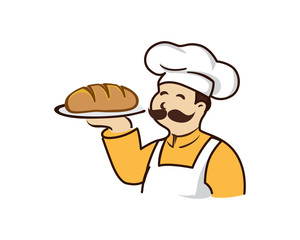 Happy Mustache Pastry Chef Logo Character Illustration In White Isolated Background