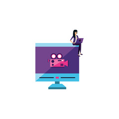 young woman using laptop computer with desktop