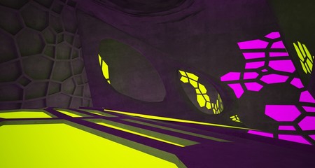 Abstract  Concrete Futuristic Sci-Fi interior With Pink And Green Glowing Neon Tubes . 3D illustration and rendering.
