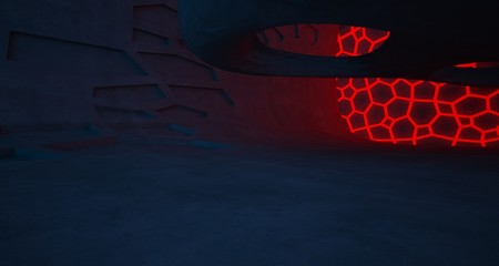 Naklejka premium Abstract Concrete Futuristic Sci-Fi interior With Red And Blue Glowing Neon Tubes . 3D illustration and rendering.