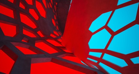 Abstract  Concrete Futuristic Sci-Fi interior With Red And Blue Glowing Neon Tubes . 3D illustration and rendering.