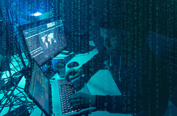 Wanted hackers coding virus ransomware using laptops and computers. Cyber attack, system breaking...