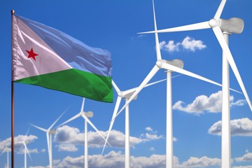 Djibouti alternative energy, wind energy industrial concept with windmills and flag industrial illustration - renewable alternative energy, 3D illustration