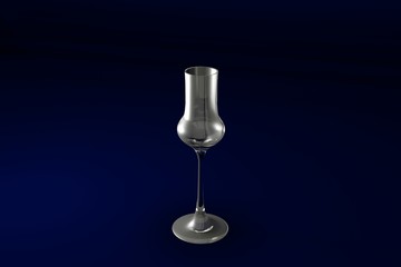 3D illustration of grappa glass on dark blue design background - drinking glass render