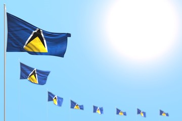 cute independence day flag 3d illustration. - many Saint Lucia flags placed diagonal with soft focus and free place for your text