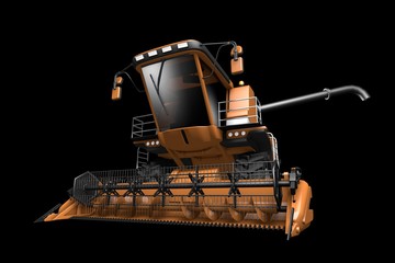 industrial 3D illustration of huge beautiful orange rural agricultural combine harvester with grain pipe detached front view isolated on black