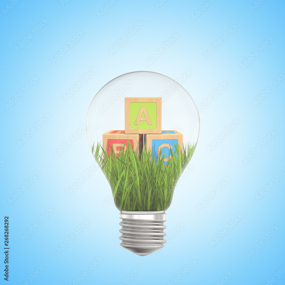 Aufkleber 3d rendering of alphabet toy blocks on green grass inside of light bulb on blue background