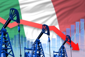 lowering, falling graph on Italy flag background - industrial illustration of Italy oil industry or market concept. 3D Illustration