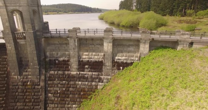 Side on view showing the dam at the Alwen reservoir in Conwy and Denbighshire north wales.