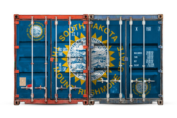 Close-up of the container with the national flag of South Dakota state. The concept of  South Dakota state  export-import and national delivery of goods.