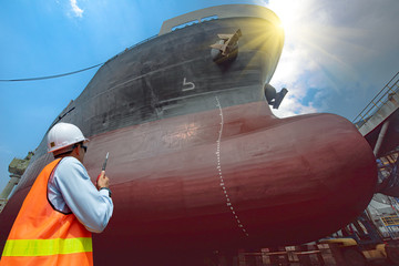 Stevedore, port controller, Port Master, surveyor inspect the bulk head of commercial cargo ship in...