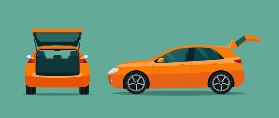 Сar with open boot. Side and back view. Vector flat style illustration