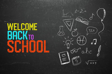 Back To School Concept Blackboard with Text and Hand Drawn Decoration