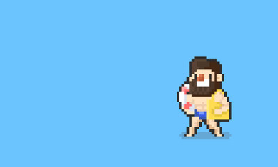 Fototapeta premium Pixel cartoon beard man with summer swimming accessories.8bit.