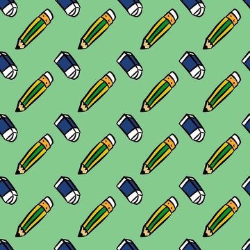 Seamless background of pencil and eraser on green background
