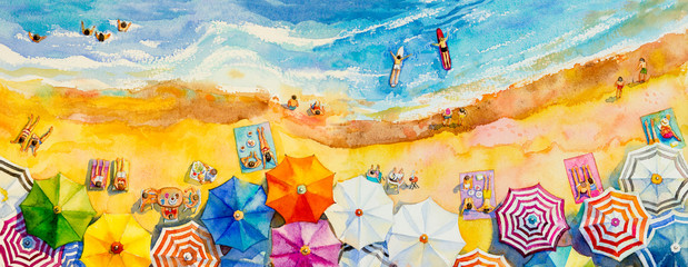 Painting watercolor seascape Top view colorful of lovers, family. - obrazy, fototapety, plakaty