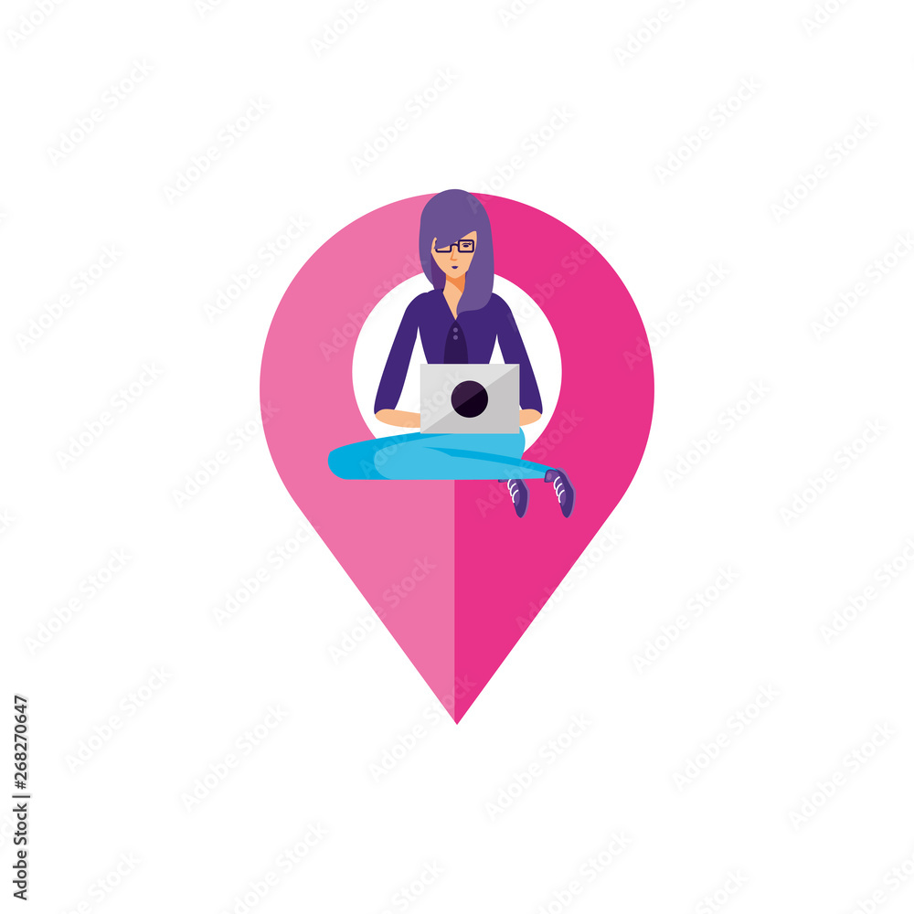 Poster woman using laptop with pin pointer location