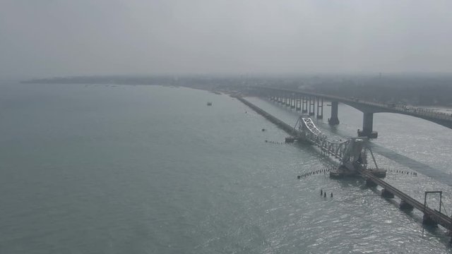 Rameswaram Pamban bridge, India, 4k aerial ugraded/raw