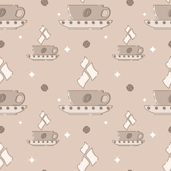 Seamless pattern with coffee mugs in flat linear style.