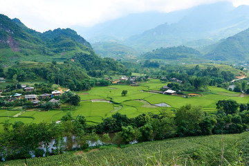 Rice fields at the Mountain of north Vietnam. Beautiful landscape view on the Ha Giang loop . Motorbike trip