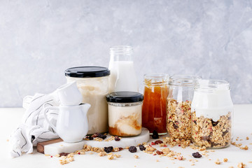 Granola breakfast in glass jars