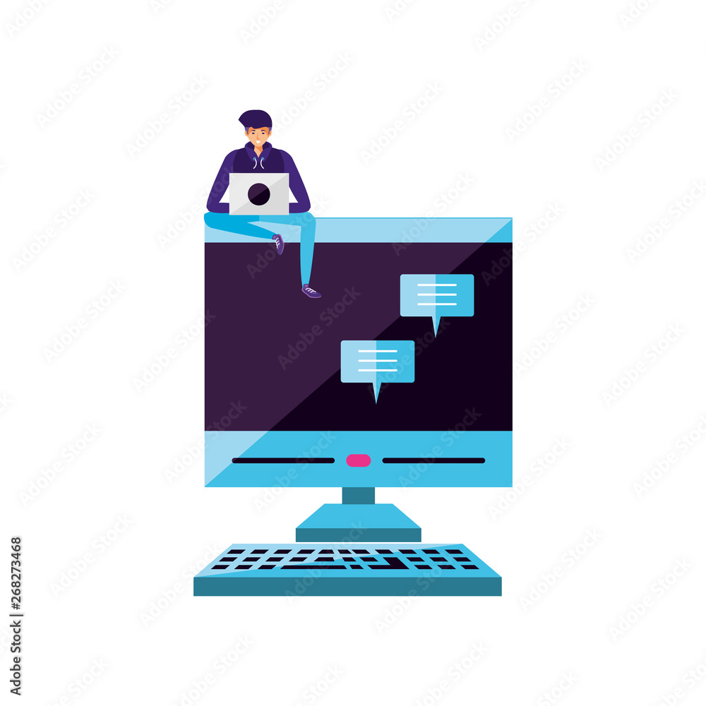 Poster young man using laptop computer with desktop