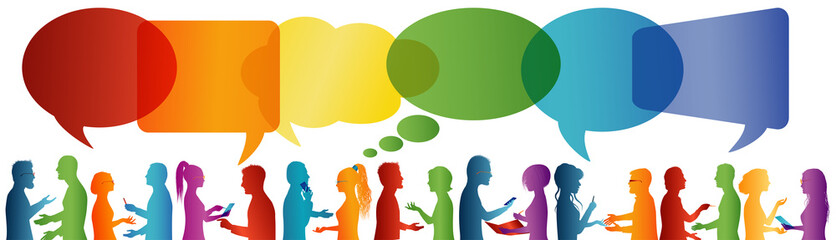 Communication between large group of people who talk. Speech bubble. Crowd talking. Communicate social networking. Dialogue between people. Multicolored profile silhouette