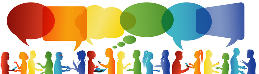 Speech bubble. Communication between large group of people who talk. Crowd talking. Communicate social networking. Dialogue between people. Rainbow colors profile silhouette