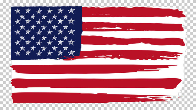 National American flag, transparent background. Brush stroke grunge dirty flag of USA. Hand drawn vector illustration