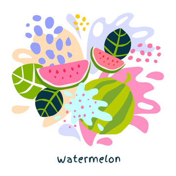 Fresh watermelon berry berries fruits juice splash organic food juicy melon splatter on abstract background vector hand drawn illustrations
