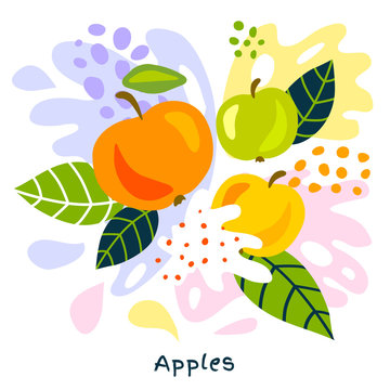 Fresh apple berry berries fruits juice splash organic food juicy apples splatter on abstract background vector hand drawn illustrations
