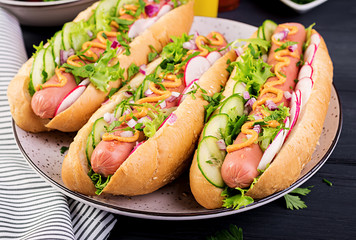 Hot dog with  sausage, cucumber, radish and lettuce on dark wooden background. Summer hotdog.