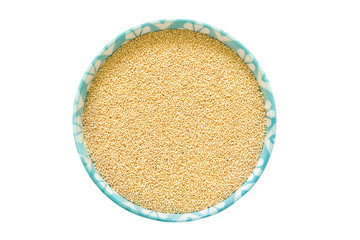 Amaranth grain in ceramic bowl isolated on a white background.Top view.