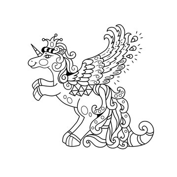 Hand drawing coloring unicorn for kids and adults. Beautiful drawing with small details. One of a series of coloring pictures. 