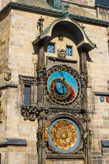The Prague Astronomical Clock or Orloj in the old town of Prague. The medieval clock is mounted on the south wall of the Old Town Hall tower. Postcard of Prague. Prague, Czech republic