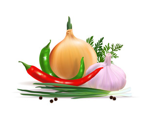 Garlic, pepper and onion vegetables with parsley spice isolated on white background. Photo-realistic vector, 3d