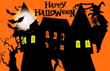 halloween night background with spooky castle and bats